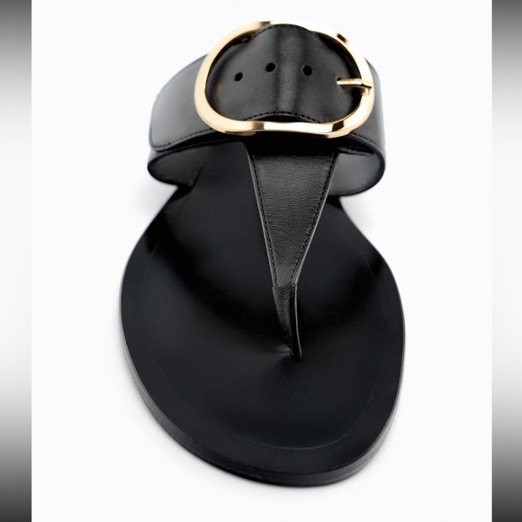 ZARA FLAT LEATHER SANDALS WITH BUCKLE NWT - Picture 4 of 6